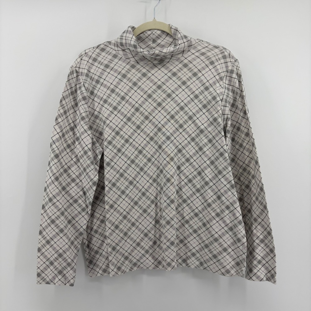 Croft & Barrow Womens XXL Grey Plaid Cotton Turtleneck Long Sleeve Top